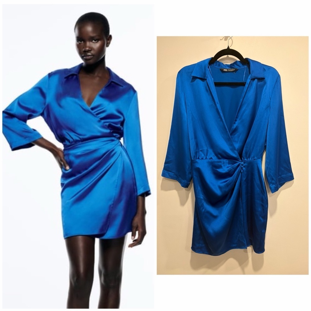 Zara Electric Blue Satin Wrap Mini Dress Ruched Waist S (NWOT Flawed)